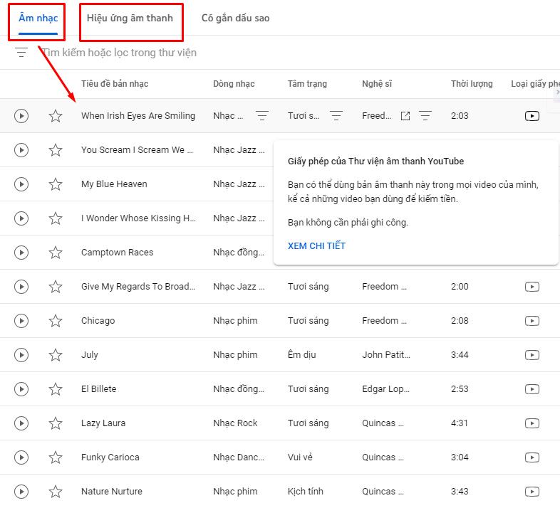 Nhạc không có bản quyền trong Youtube Studio