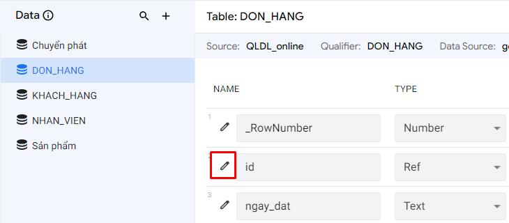 Tùy chọn edit cột dữ liệu trong data