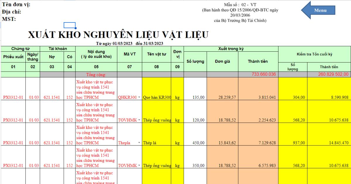 Cách tạo file quản lý xuất nhập kho bằng Excel