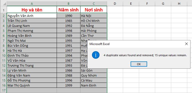 Xóa các giá trị trùng lặp trong Excel