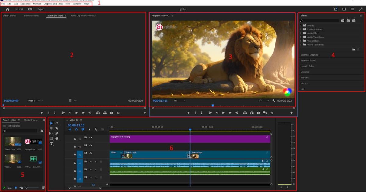giao diện trên Adobe Premiere