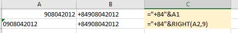 xóa số 0 ở đầu số điện thoại trong excel và thêm 84+ vào đầu số