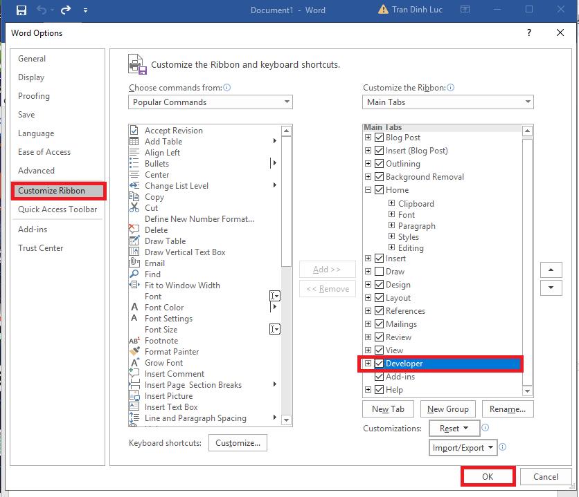 Hiển thị hộp thoại Developer