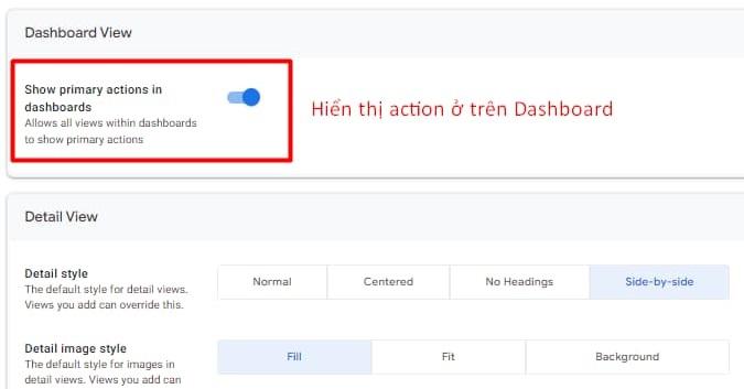 Hiển thị action lên dashboard