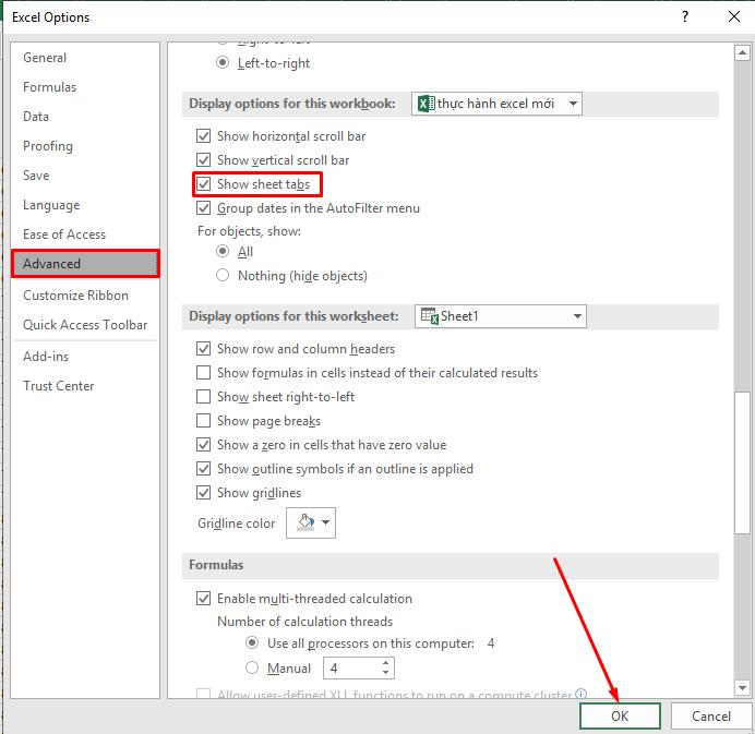 Hiển thị thanh Excel bên dưới bị mất