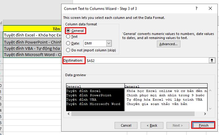 Hoàn tất cài đặt cho hộp thoại Convert Text to Columns Wizard