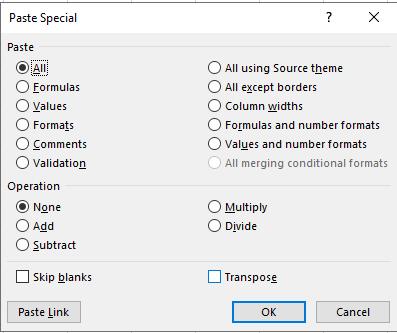 Hộp thoại Paste Special trong Excel