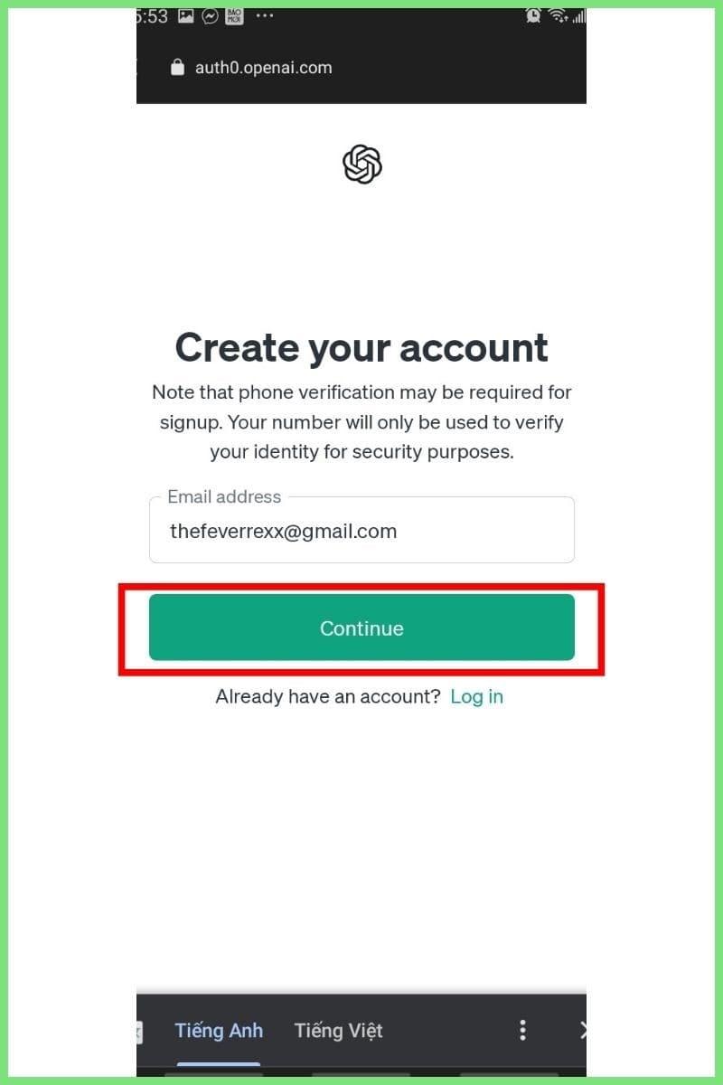 Hướng dẫn tạo tài khoản chatgpt trên điện thoại bước 3