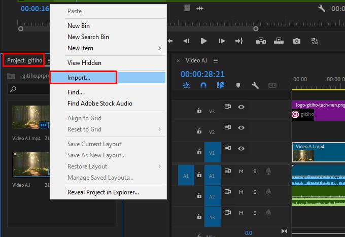 Import video vào Premiere Pro để khử tạp âm 1
