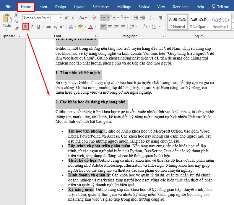 in đậm văn bản trong Word 2