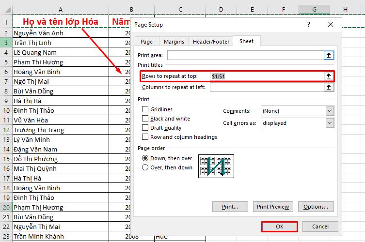 Chọn hàng mà bạn muốn lặp lại tiêu đề trong Excel