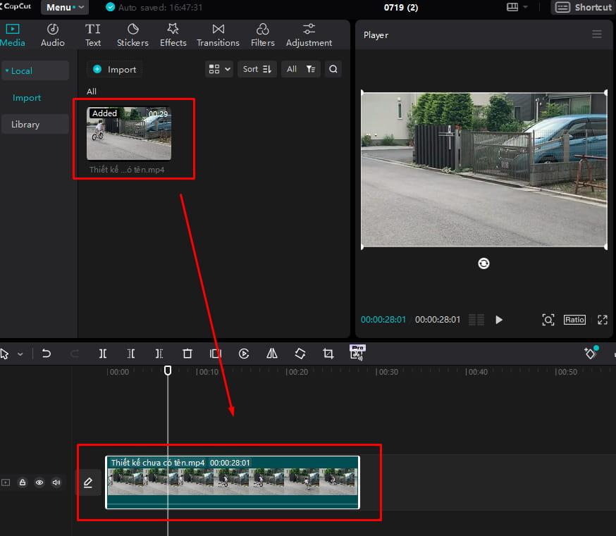 Kéo thả video vào thanh công cụ chỉnh sửa capcut