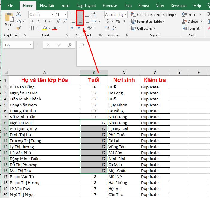 không căn giữa ô được trong Excel