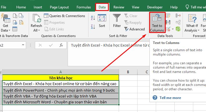 Kích hoạt tính năng Text to Columns