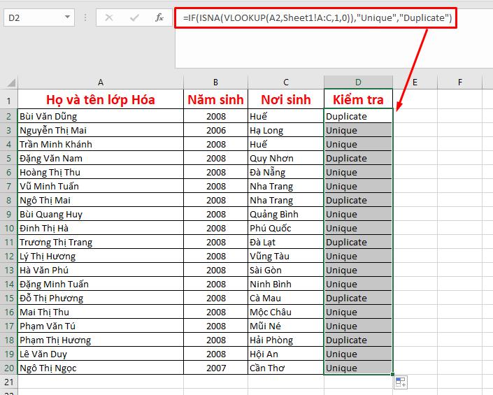 Lọc trùng bằng hàm