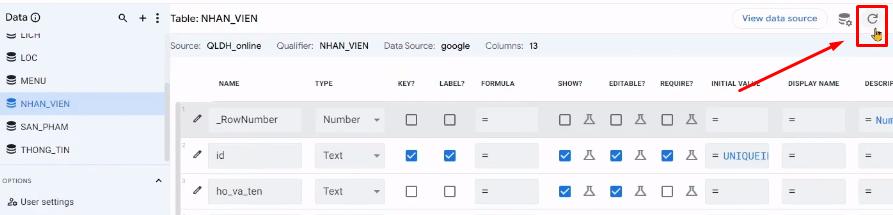 Làm mới dữ liệu bảng nhân viên