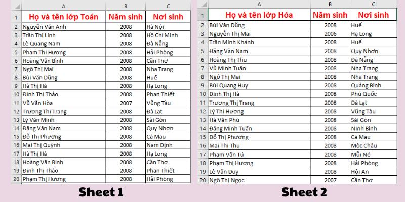 lọc dữ liệu trùng ở 2 sheet