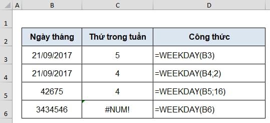 Lỗi #NUM! khi sử dụng hàm weekday trong excel