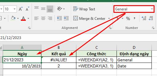 Lỗi Value! khi sử dụng hàm weekday trong Excel