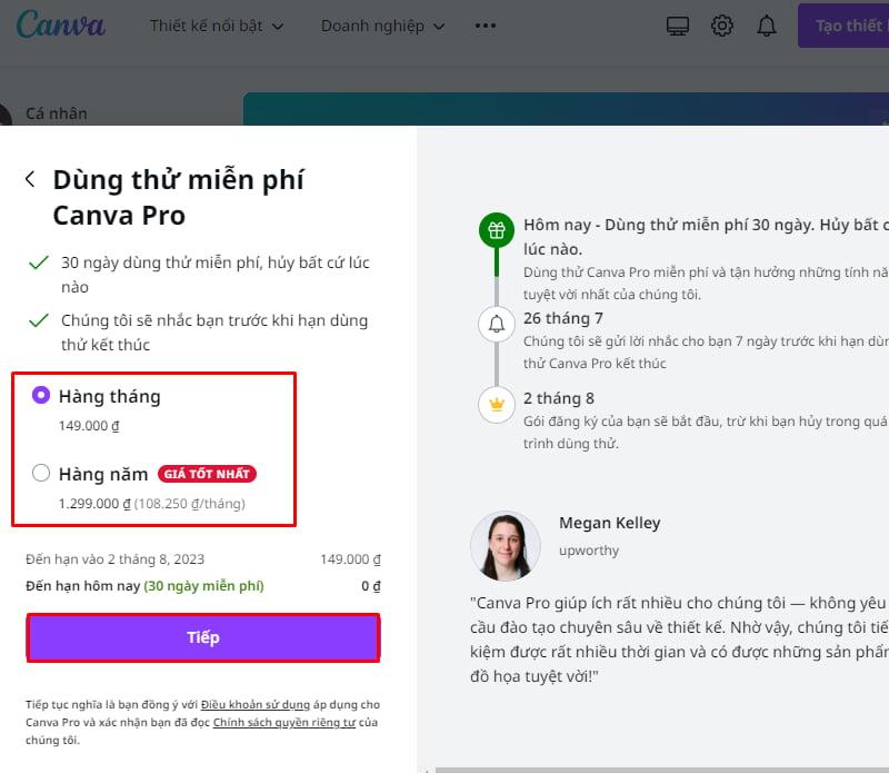 Lựa chọn gói dùng thử Canva Pro