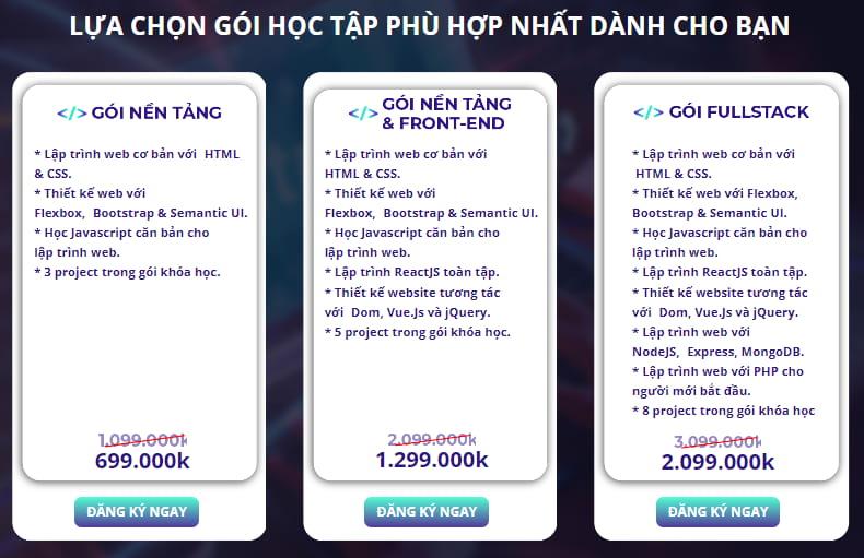 chọn các gói khóa học làm website phù hợp với nhu cầu của bạn
