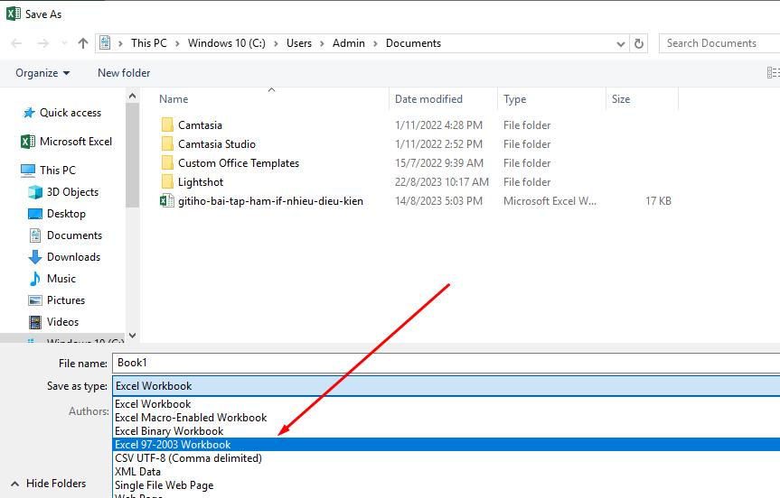 chọn định dạng Excel 97-2003 Workbook