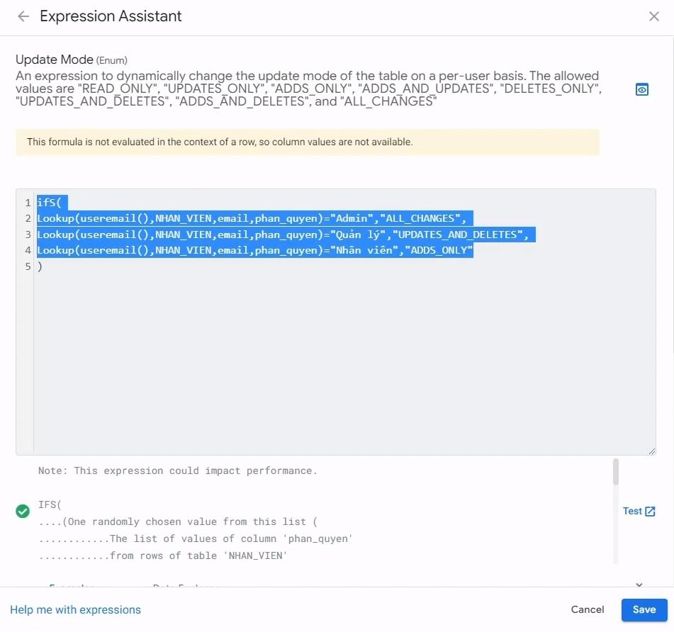 Điền công thức vào ô Are updates allowed