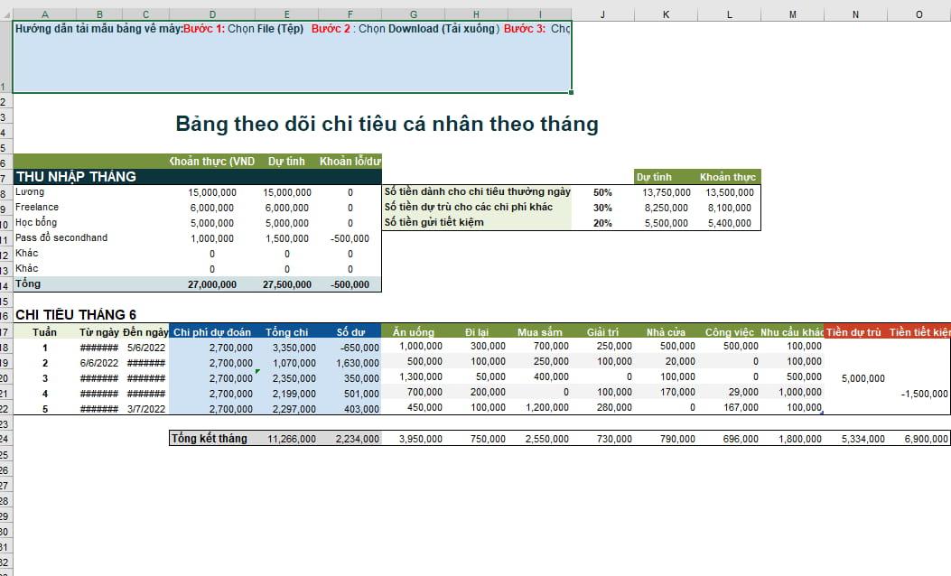 Bảng theo dõi chi tiêu hàng tháng