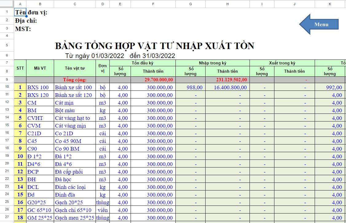 mẫu file nhập xuất kho bằng Excel