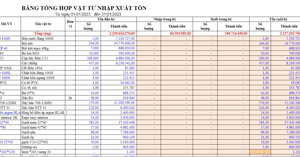 mẫu file nhập xuất kho bằng Excel