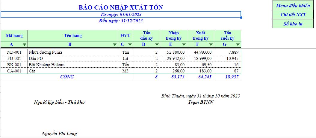 mẫu file nhập xuất kho bằng Excel