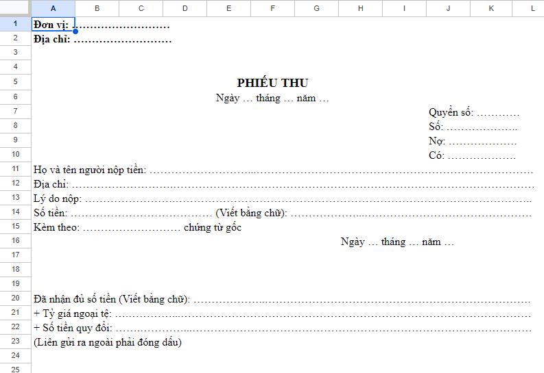 Tải mẫu phiếu thu Excel mới nhất theo thông tư 133 và 200