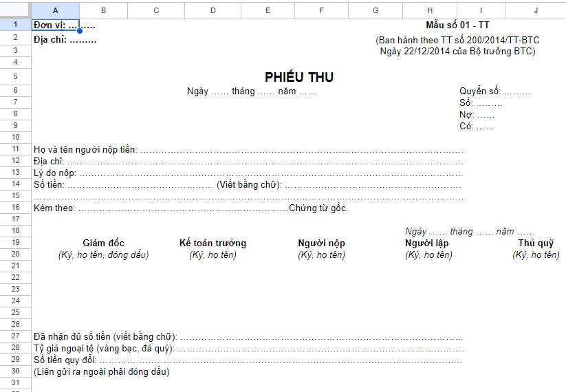 Tải mẫu phiếu thu Excel mới nhất theo thông tư 133 và 200