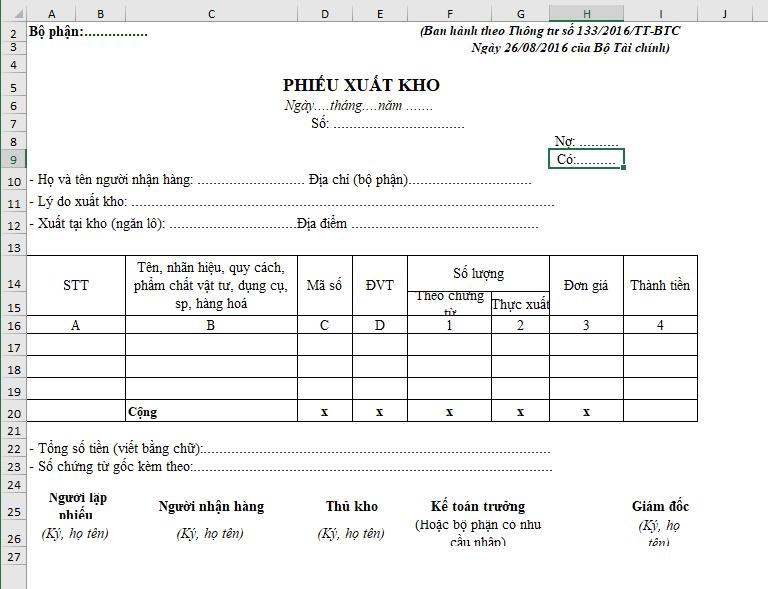 mẫu phiếu xuất kho theo TT 133