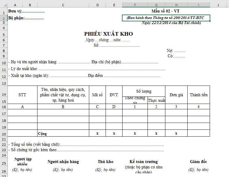mẫu phiếu xuất kho theo TT 200