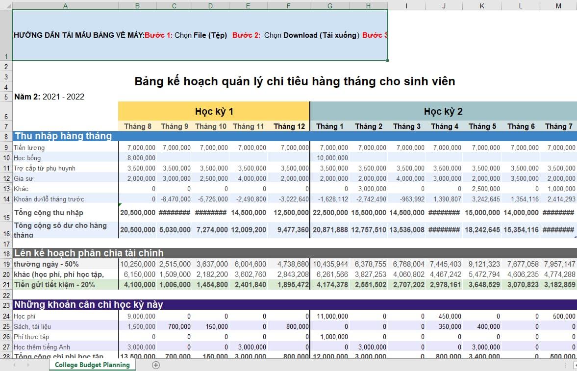 Mẫu quản lý chi tiêu cho sinh viên hàng tháng