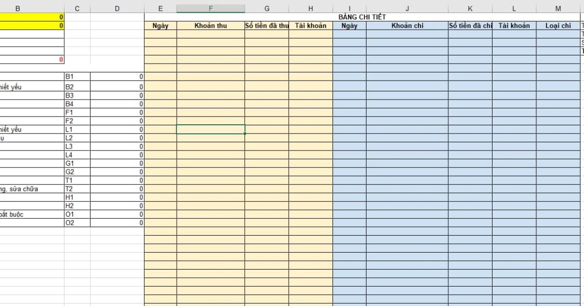 Mẫu quản lý thu chi cho 12 tháng