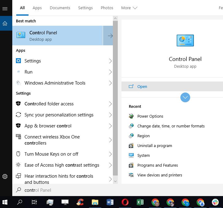 mở cài đặt Control Panel trên máy tính