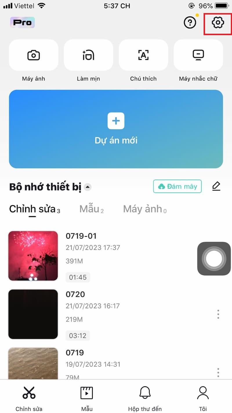 Mở cài đặt của Capcut