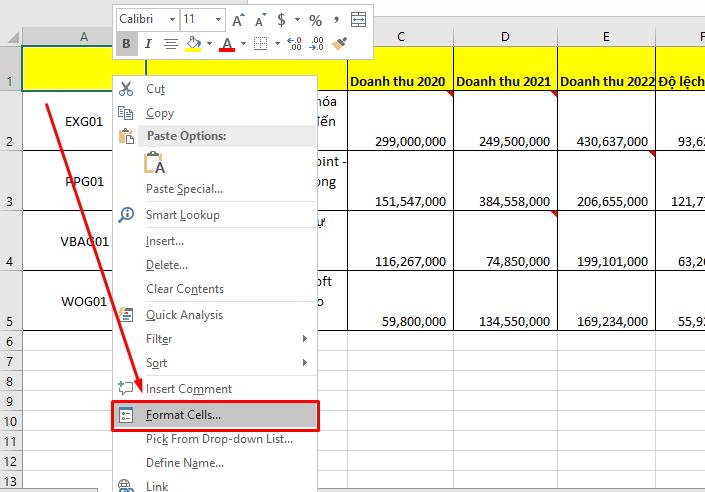 Mở định dạng Format Cells cho ô trong Excel