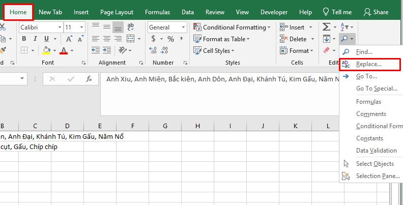 mở hộp thoại Find and Replace