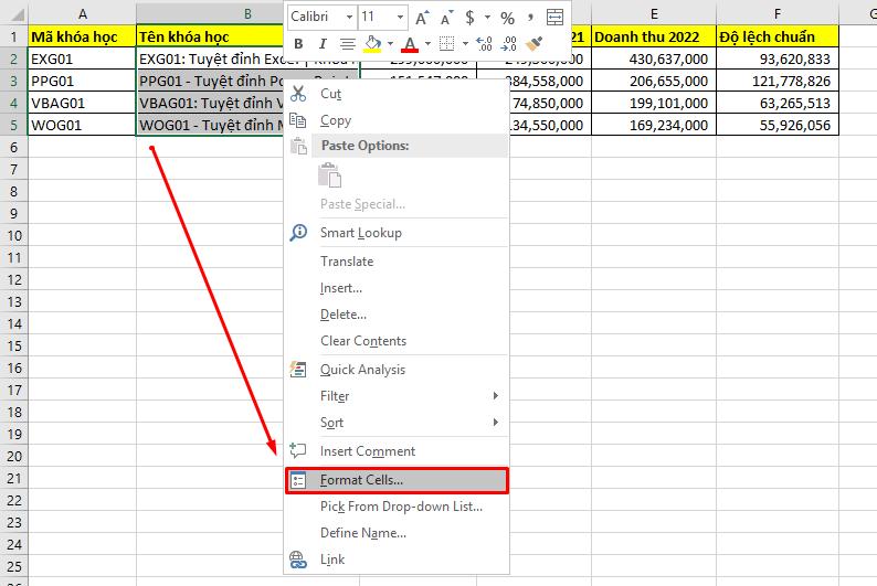 mở hộp thoại Format Cells