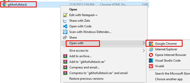 Nhấn open with để mở tệp html trong trình duyêt web yêu thích