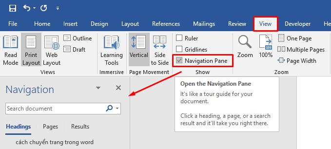 Cách chuyển trang trong word bằng Navigation Pane 1