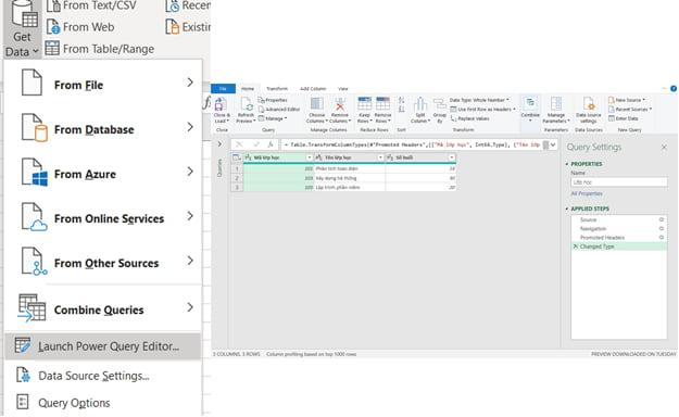 mở trình chỉnh sửa Power Query Editor