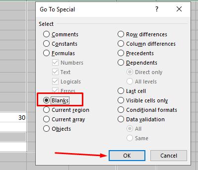 chọn Blanks trong hộp thoại Go to Special