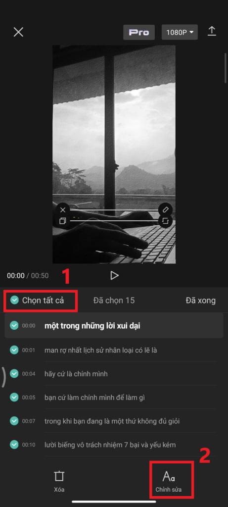 Nhấn chọn tất cả để cài đặt kiểu chữ cho phụ đề