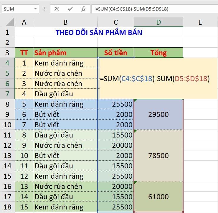 cách tính tổng các ô gộp trong excel