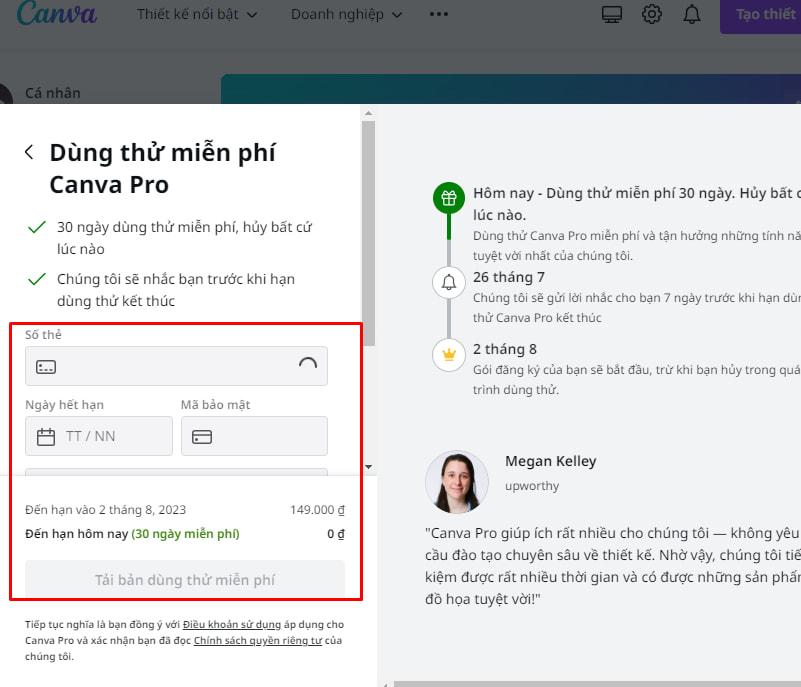 Nhập thông tin thanh toán Canva Pro
