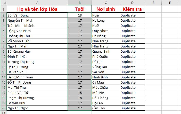 Nội dung của các ô đã được căn chỉnh vào giữa